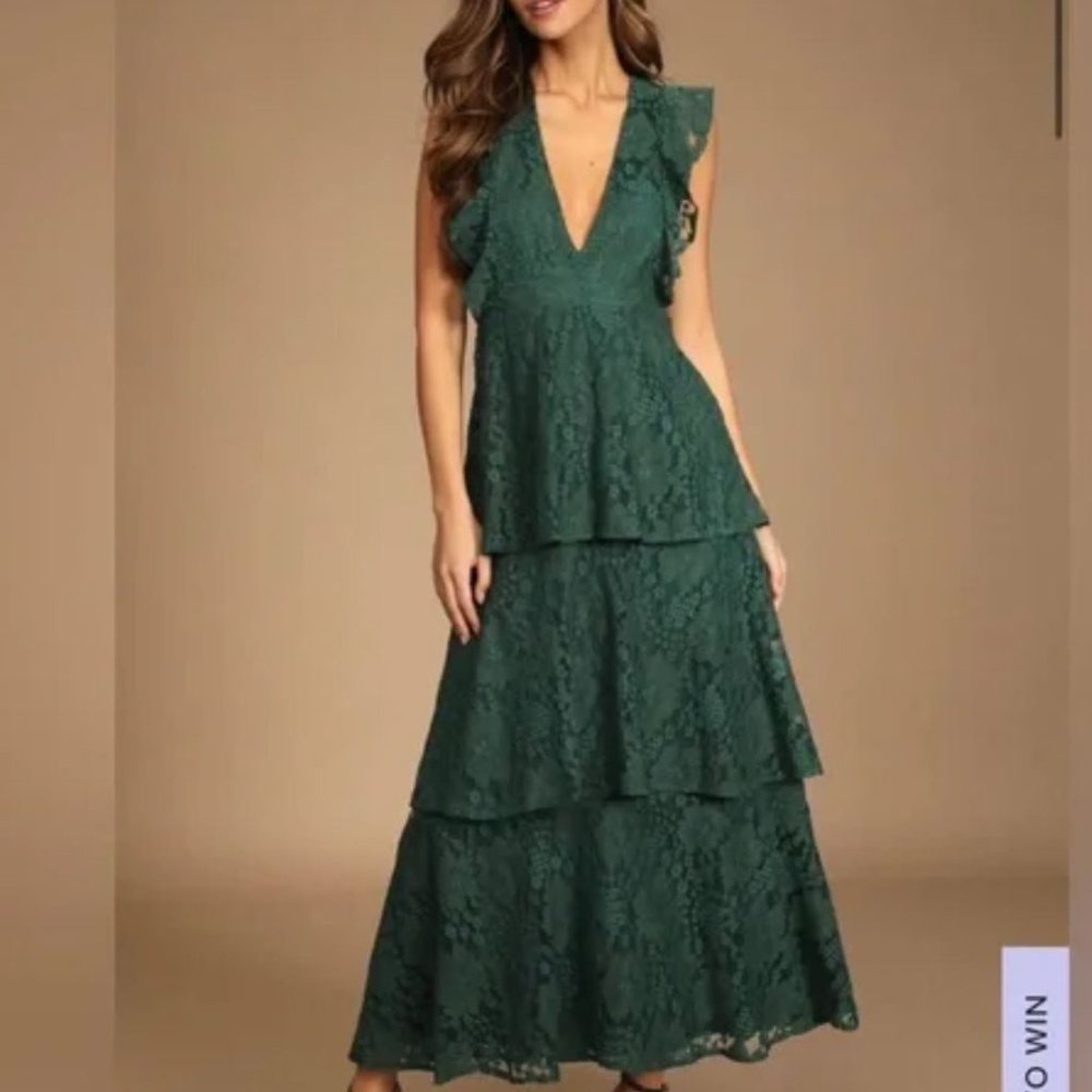 Lulu's | Forest Green Lace Ruffled Tiered Sleeveless Maxi Dress | Size XL